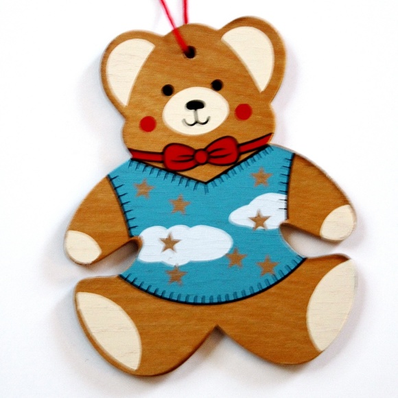 XMAS Ornaments Vintage Wood Teddy Bears Set of 3 MCM Made in Taiwan Cottagecore - Picture 5 of 8